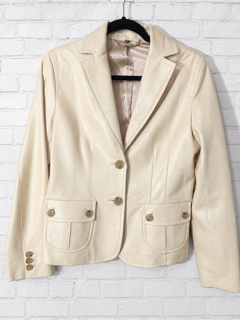 Ann Taylor Ivory Genuine Leather Blazer Jacket Tailored Pocket Y2K